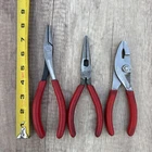 Snap On Plier Lot 61ACP 8" Duck Bill, 96BCP 7 Needle Nose, 46AP Slip Joint -red Used. Price: $99.99.
