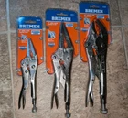 New Bremen Lot 36869 63870 63871, 6" 9" Long Nose Locking Pliers, 10" Curved Jaw. Price: $35.00.